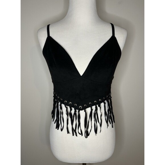 Poster Grl Dolls Kill RODEO TIES FRINGE BRA TOP Sz Large Faux Black Suede #1145 - Picture 1 of 9